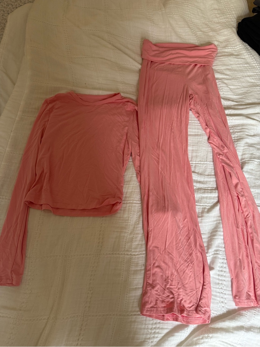 Two-Piece Soft Pink Lounge Set - Long Sleeve Top & Foldover Waist Pants